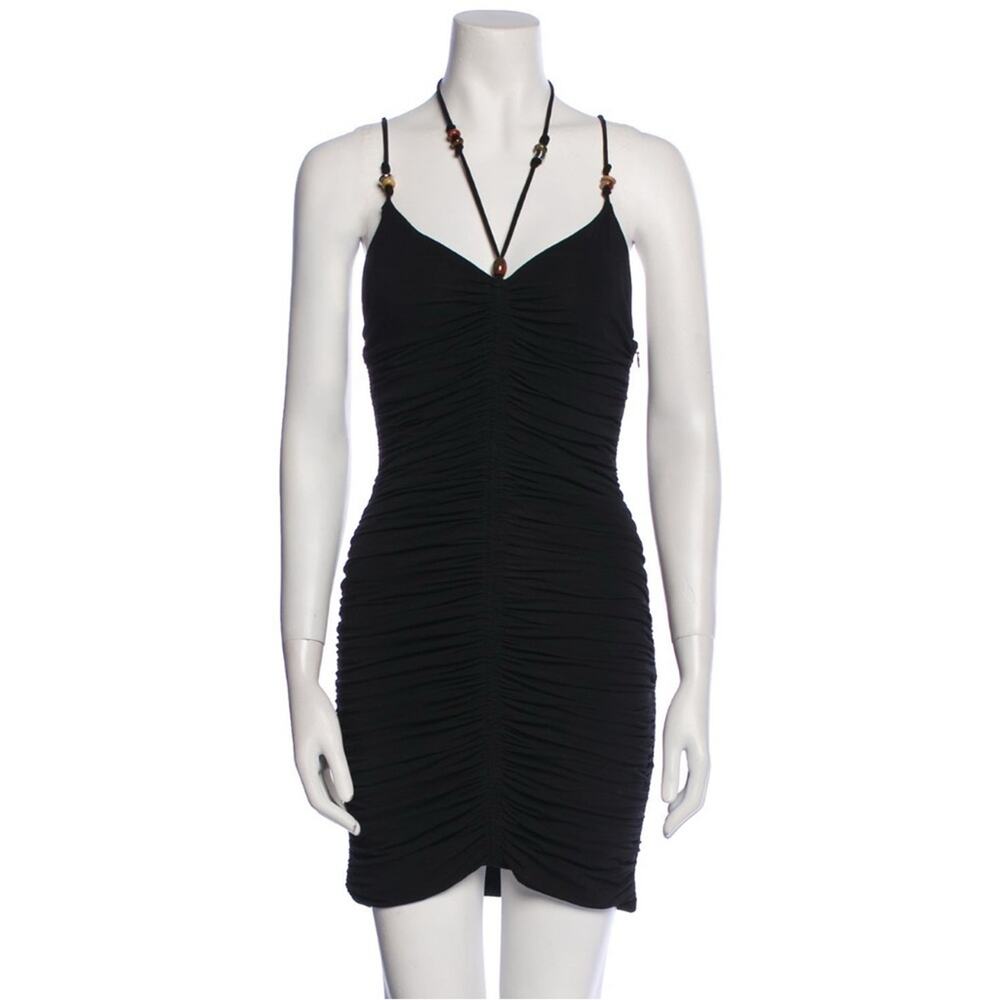 ALC Black Bodycon Ruched Mini Dress Spaghetti Halter Strap Size Medium